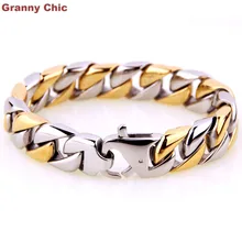 Granny Chic мужские ювелирные украшения серебряное Золото Тон нержавеющая сталь Снаряженная кубинская браслет цепочка 15 мм