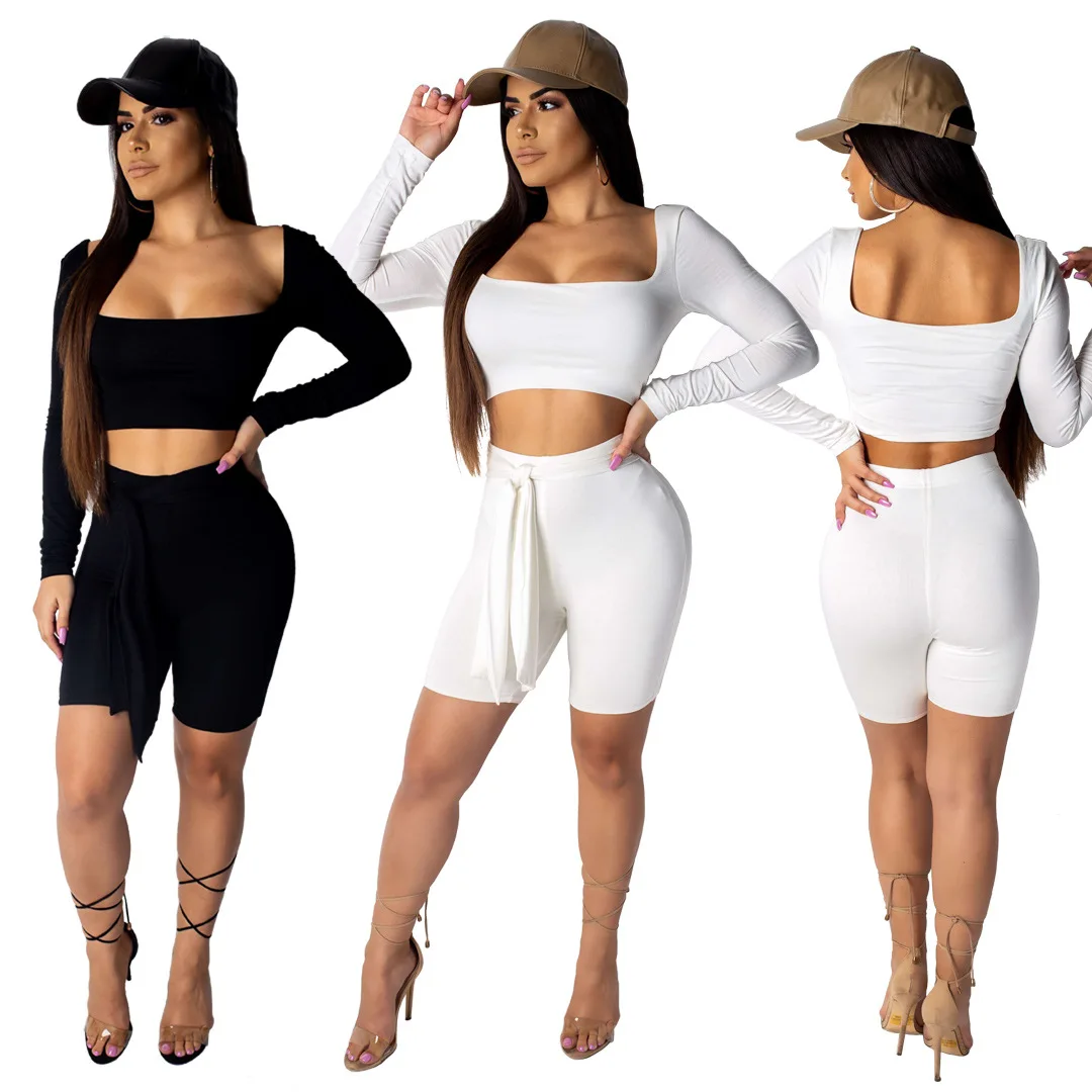 2019 Women Long Sleeve Crop Top Knee Length Skinny Pants Bodycon Sexy Two Piece Beach Holiday Tracksuit Outfit Set 2 Color YS255 | Женская