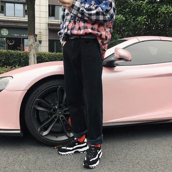 

2019 Korean Men Casual Loose Solid Color Wide Leg Cowboy Straight Pants Baggy Jeans Wash Black/blue Denim Trousers Homme 26-31