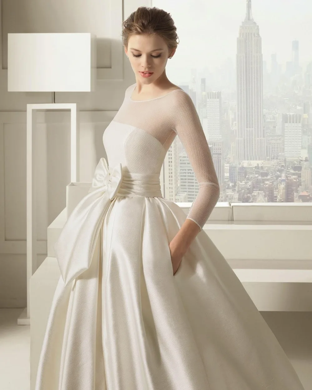 Long Sleeve Ivory Wedding Dresses 2015 Bow Ball Gown O Neck Net