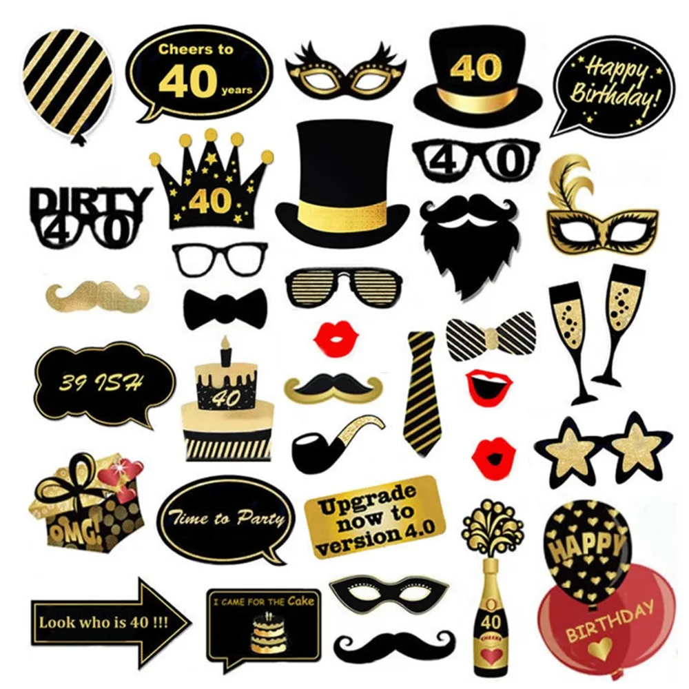 Konsait 40th Birthday Photo Booth Props Black and Gold 40th Birthday Decorations Party Photo Props on Stick for 40th Birthday Gift Party Games Favor Supplies 53 Counts 