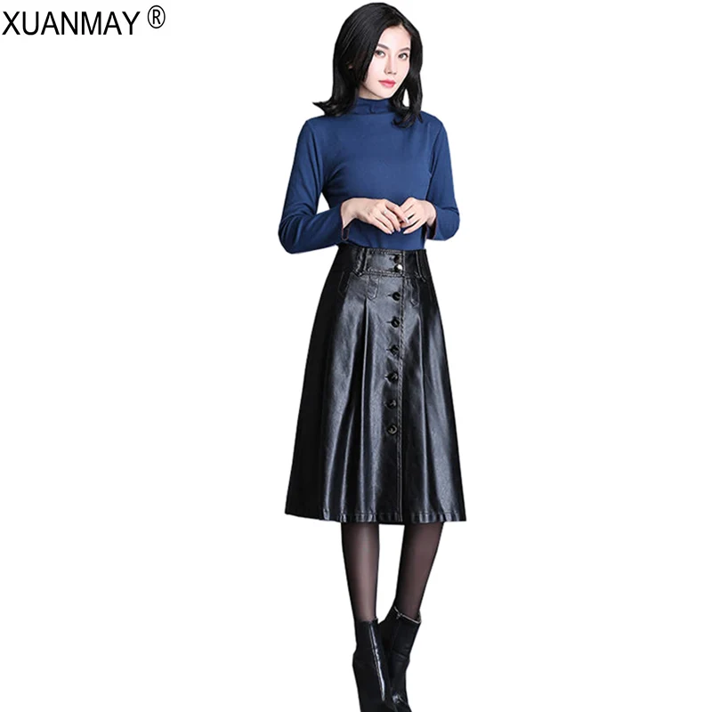 

Autumn Women's faux leather Skirt High waist PU leather A word Skirt fashion Korean Streetwear Black faux leather Skirt women
