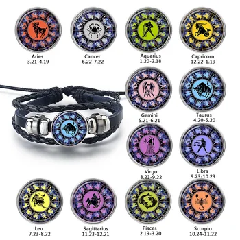 

12 Zodiac Constellation Time Gem Stone Leather Hand Woven Bead Pisces Aries Scorpius Libra Virgo Bracelets Birthday Gift For Men