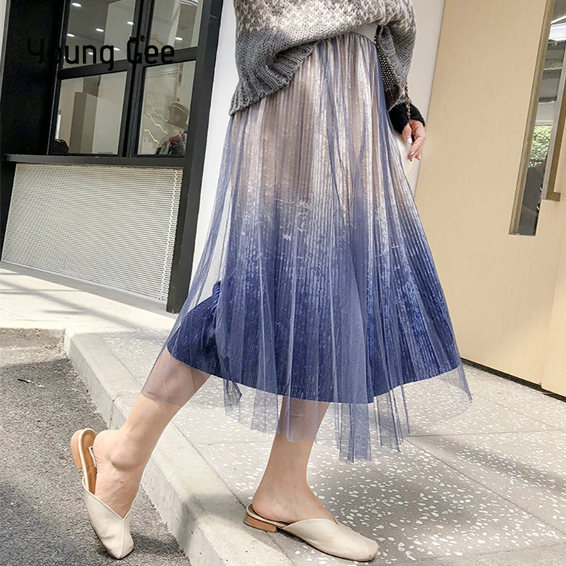 Женские юбки из вельвета и тюля с градиентом, осень-весна, женская элегантная плиссированная юбка с высокой талией, faldas