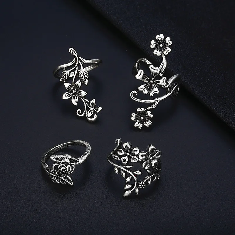 Vintage Rose Flower Rings Set for Women Girl Bohemia Antique Silver Color Midi Rings Set Floral Knuckle Ring jewelry nj31