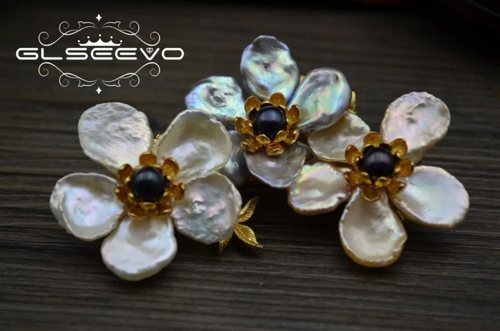 

GLSEEVO Natural Fresh Water Baroque Purple White Black Pearl Flower Brooch Pin Brooches For Women Dual Use Luxury Jewelry GO0302