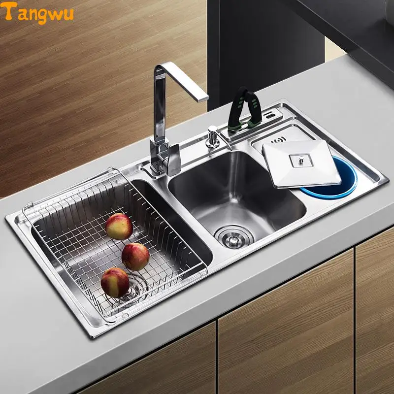 tangwu dual trough sink kitchen stainless steel wash basin have with garbage barrelchina - Kitchen Sinks Price tangwu dual trough sink kitchen stainless steel wash basin have with garbage barrelchina - Kitchen Sinks Price