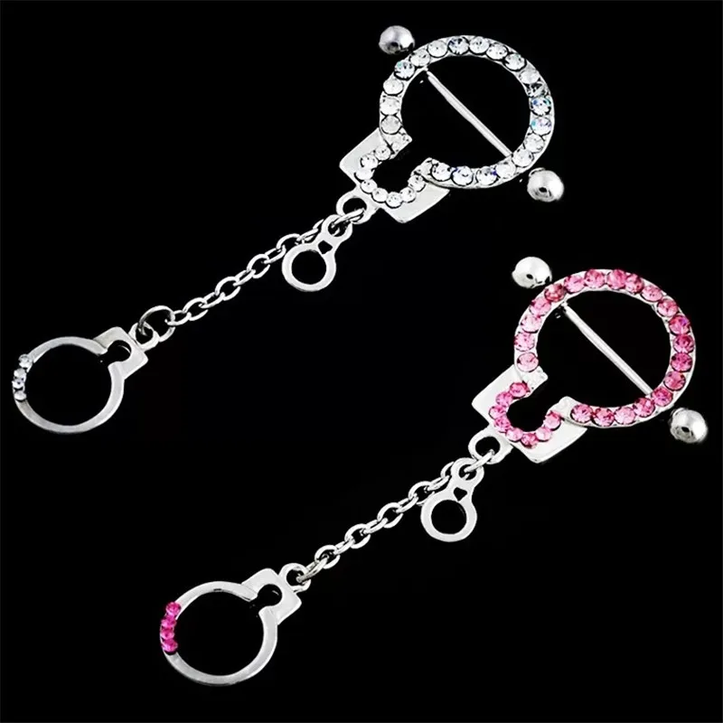 1 piece stainless steel handcuffs crystal nipple piercing rings women