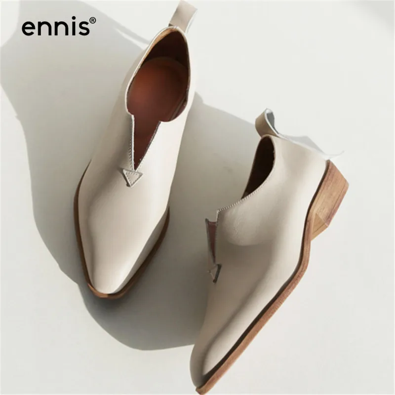

ENNIS 2019 Genuine Leather Shoes Women Flats V Neck Fashion Loafers Europe Square Toe Leather Moccasins Beige Shoes Spring C842