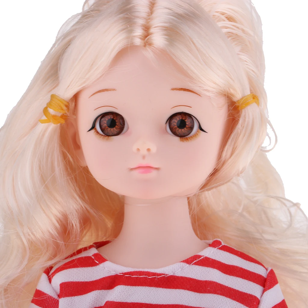Lovely 14inch Soft Vinyl Flexible Jointed Doll Princess Girl Doll Blonde Hair Glass Eyes in Striped T-shirt and Short Pants