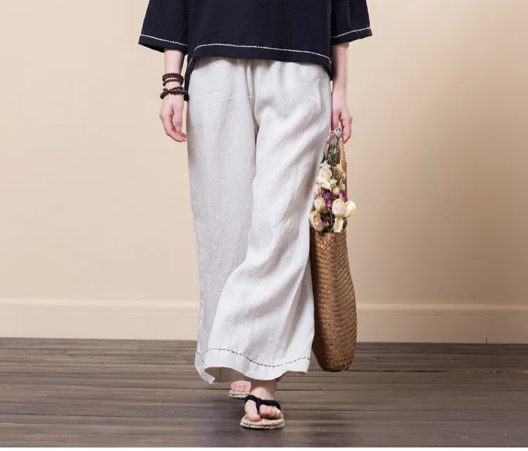 LZJN Women Culottes Wide Leg Pants 2019 Summer Long Trousers Elastic Waist Pockets Solid 5 Colors 100% Linen Pants Loose Bottoms (20)