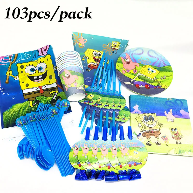 103pcs SpongeBob disposable plates cups napkins theme tableware set | Дом и сад