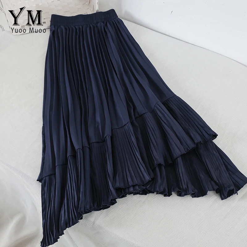 

YuooMuoo High Waist Irregular Pleated Skirt 2019 Europe Women Elegant Black Long Skirt Autumn Winter Female Casual A Line Skirt