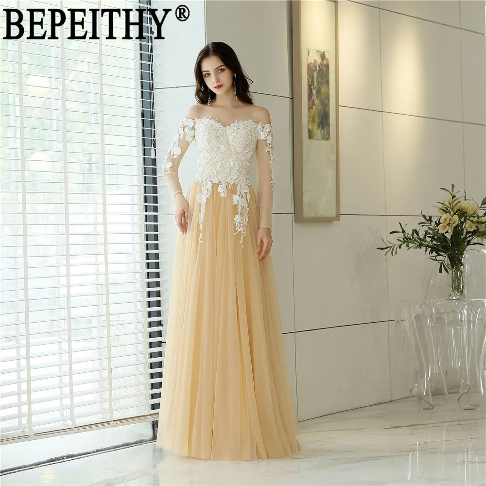 

BEPEITHY Vestido De Festa New Design Sweetheart Off Shoulder Tulle Appliques Long Evening Dresses 2019