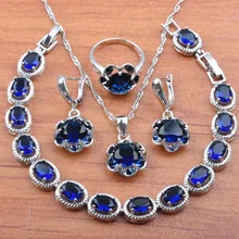 Мода синий кубический цирконий Цветок 925 пробы свадебные ювелирные украшения для женщин браслет серьги ожерелье кулон кольца JS0133
