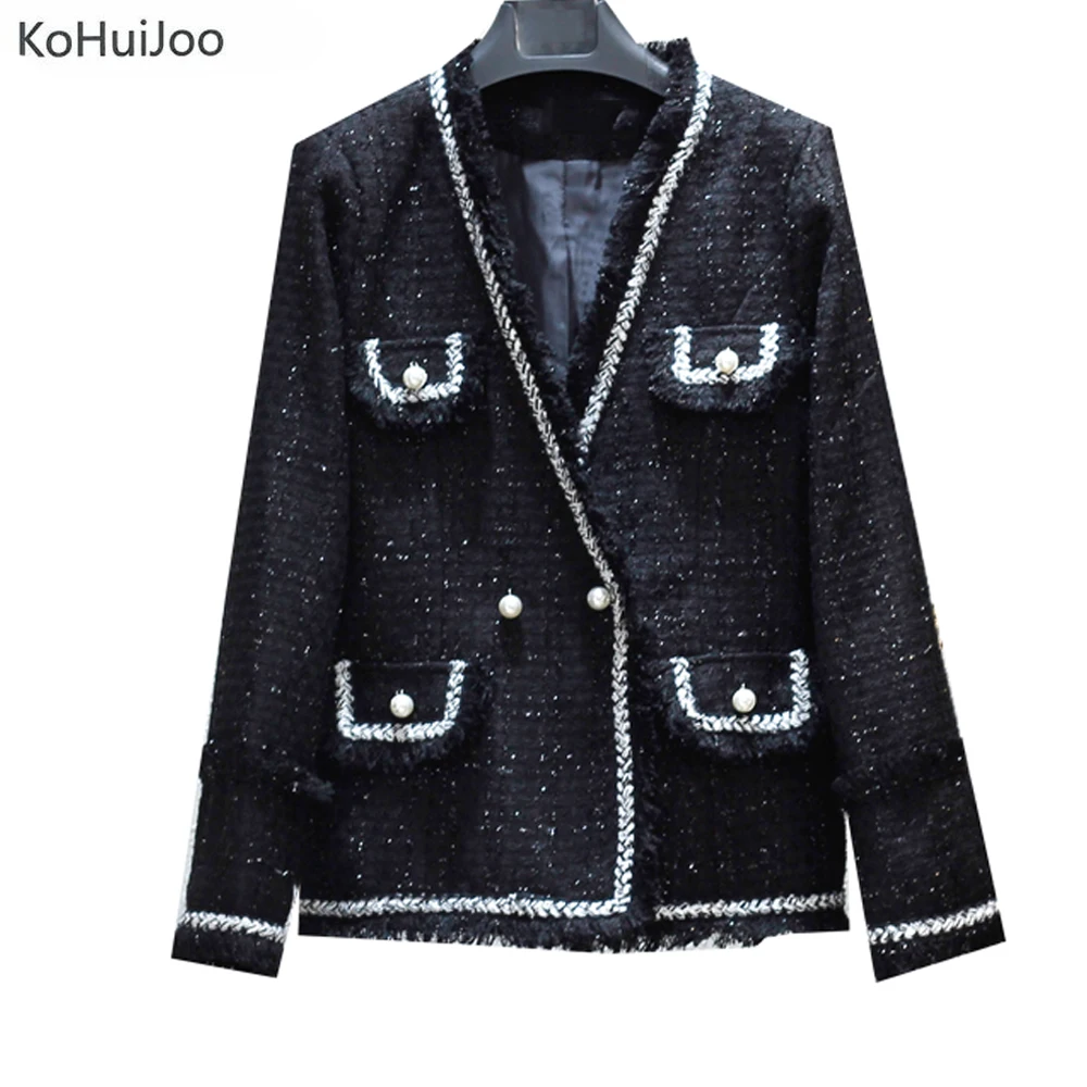 KoHuiJoo Autumn Women Black Tweed Jacket Plus Size Winter Fashion