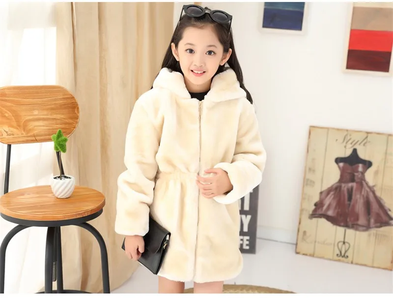 Пальто из искусственного меха для девочек зимняя теплая куртка с капюшоном и длинными рукавами длинное пальто с искусственным кроличьим мехом для детей, От 8 до 13 лет мягкая верхняя одежда