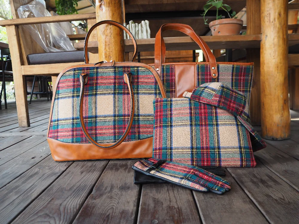 

New Arrival Plaid Collection Tote Bag Cap Gloves Five in One Set