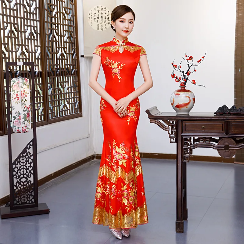 Красный вышивка Cheongsam Сексуальные платья Qipao длинный китайский традиционный свадебный платье восточные Свадебные платья с коротким рукавом QLX