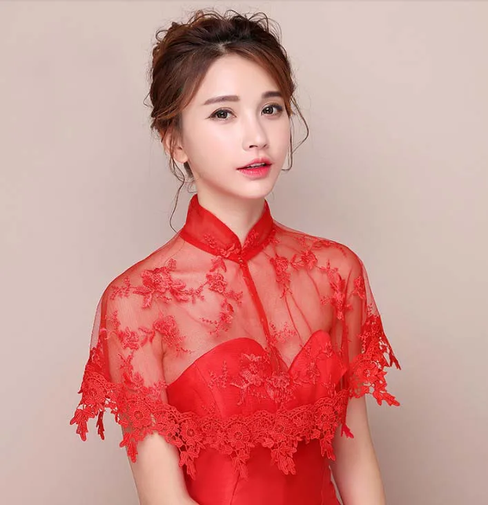 Cheongsam с высоким горлом, черный, красный, цвета слоновой кости, свадебное платье, женская шаль, накидка, болеро, кружевная, вечерняя, свадебная накидка, накидка