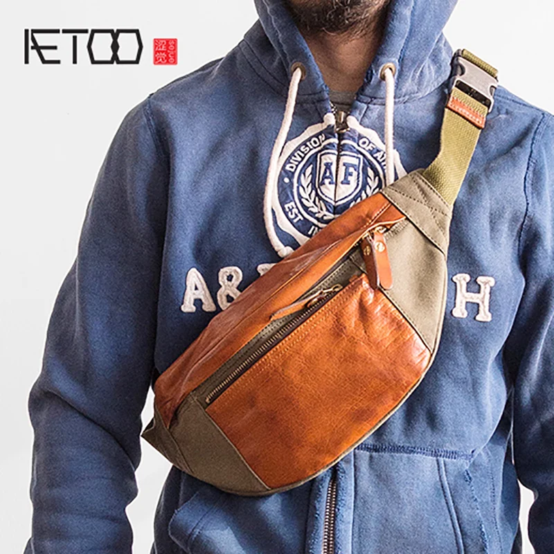 

AETOO Retro canvas stitching head cowhide male chest bag multifunctional crossbody bag