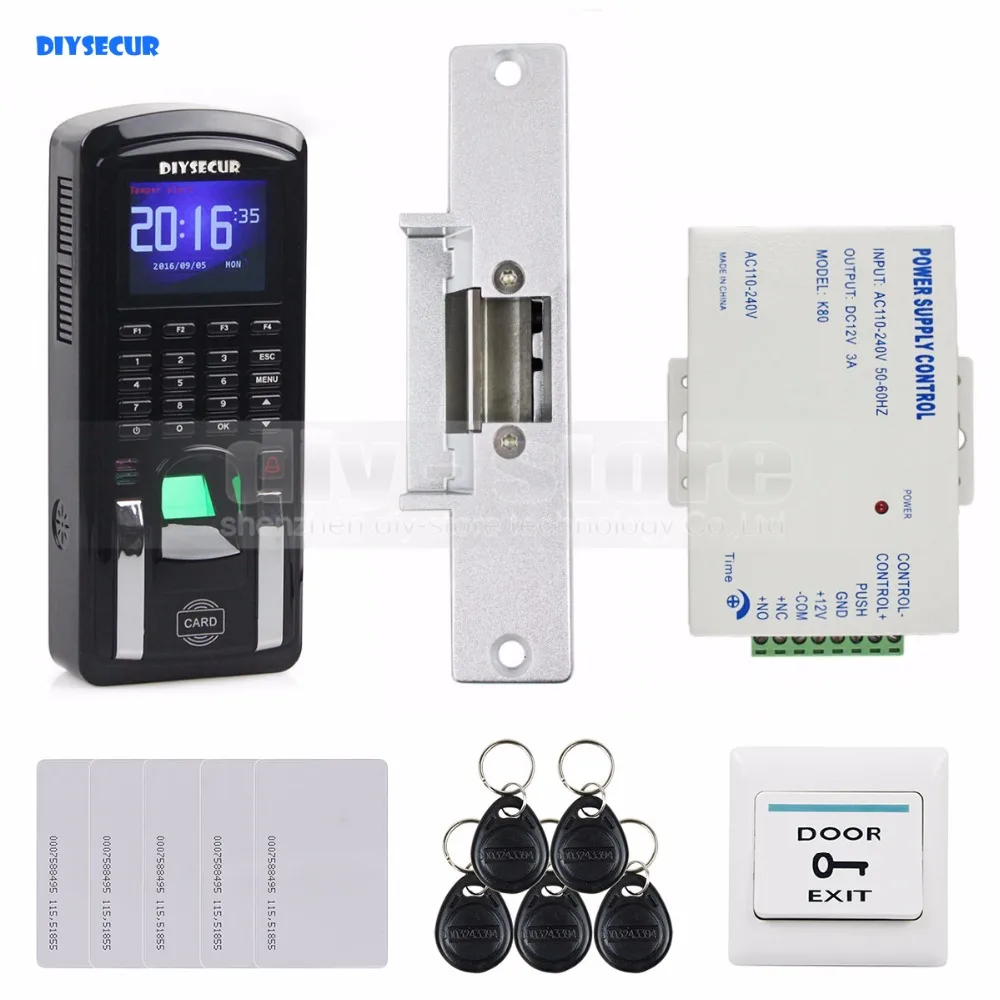 

DIYSECUR Fingerprint 125KHz RFID Reader Password Keypad + Strike Lock Door Access Control System Kit for Office / House