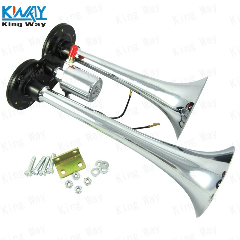 

FREE SHIPPING-King Way-CHROME TRUCK AIR HORN MEGA TRAIN 12V 120DB INSANE SUPER LOUD 2 Duel TRUMPET AIR HORN KIT