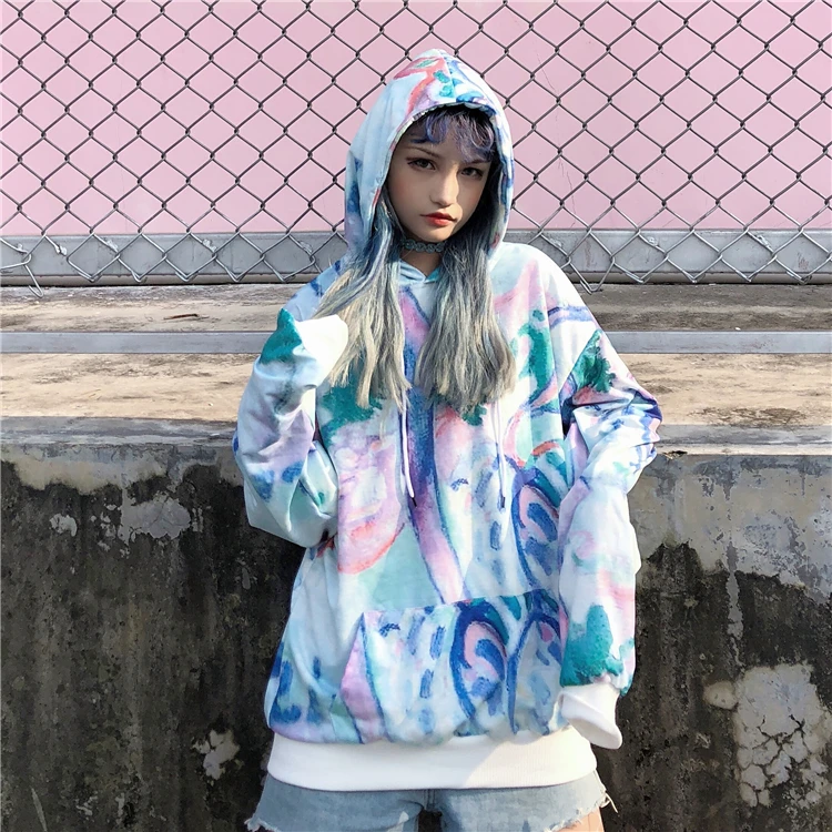 

Winter women's Korea ins Harajuku leisure bf fashion hip hop creative personality tie dyed loose hooded pullover sweatshirt