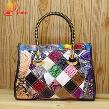 Patrón de la Serpiente de las mujeres de Cuero de Vaca 100% CUERO AUTÉNTICO Hecho A Mano Patchwork Mujeres Shoudler Bolsas de Bloques de Color Brillante