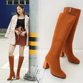

brand nude black shoes suede leather knee high snow boots women cozy round toe thick high heels winter long boots knight boots