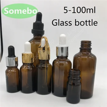 

500pcs 5ml 10ml 15ml 20ml 30ml 50ml 100ml Amber Glass Essential Oil Dropper Perfume Bottle gold/silver/black Cover glass pipette