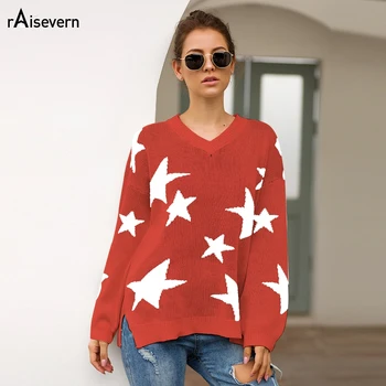

Raisevern Star Print Women V-neck Split Sweaters Autumn Winter Sweaters Women Fashion Warm Pullover Women Knitted Sweater