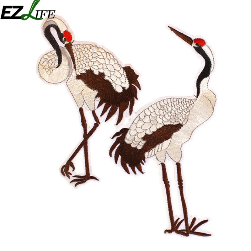 

1 Pair Red-crowned crane bird Patch Embroidery Iron On Patches For Clothes Fabric Patch Clothes DIY Decoration Patches LQW1812
