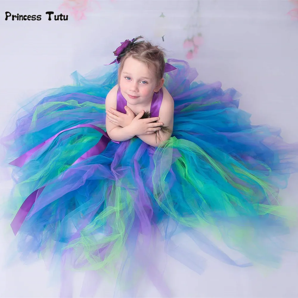 

Girls Feather Peacock Dress Long Fluffy Flower Girl Tulle Tutu Dress Kids Party Pageant Wedding Birthday Dresses Costumes 1-14Y