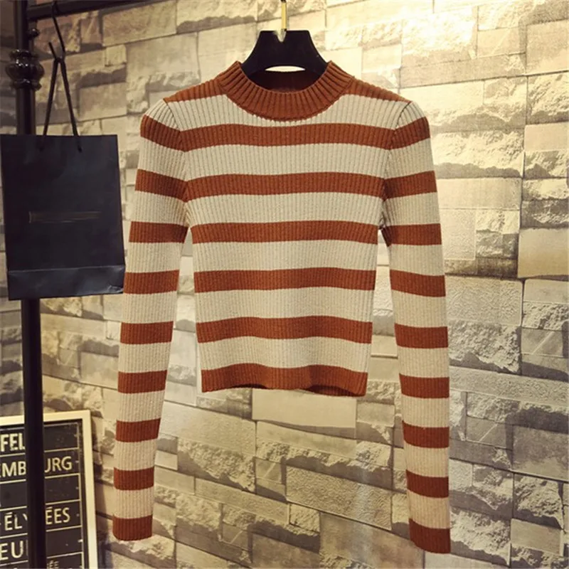 Neploe, осенний корейский женский свитер, водолазка, тонкий, Sueter Mujer, длинный рукав, полосатый, вязаный, короткий, пуловер, 68509 - Цвет: apricot stripes