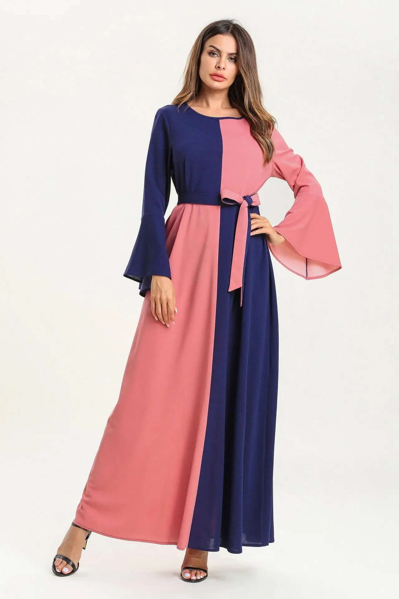 2019 женское Макси длинное платье в стиле пэтчворк и КолорБлок элегантные мусульманские платья с длинным рукавом Eid Adha ОАЭ с расклешенными