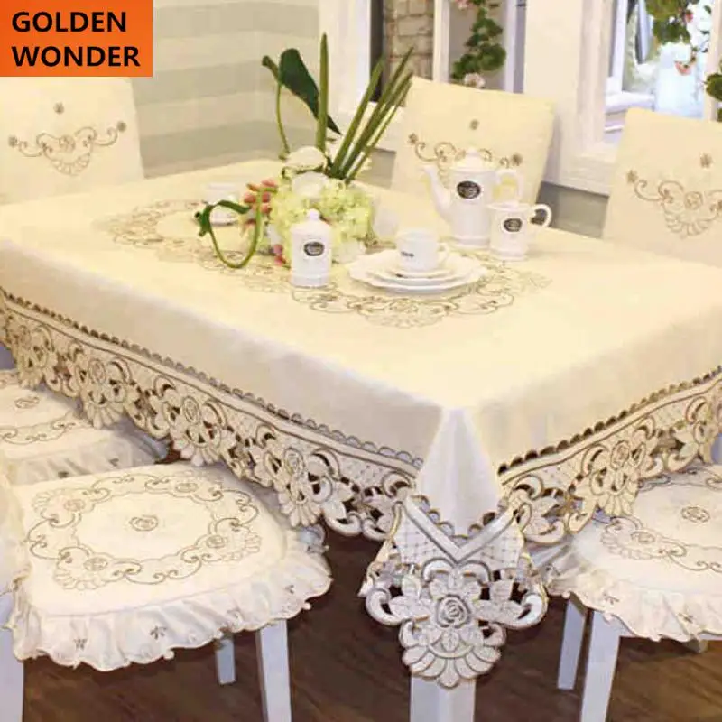 

European Style Modern Embroidered Flowers Table Coverings Chair Cushion Chair Back Set Beige Color Hollow Out High Quality