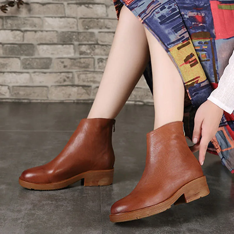 

New round head thick with low tube short boots female middle boots with low help literary retro leather women's boots