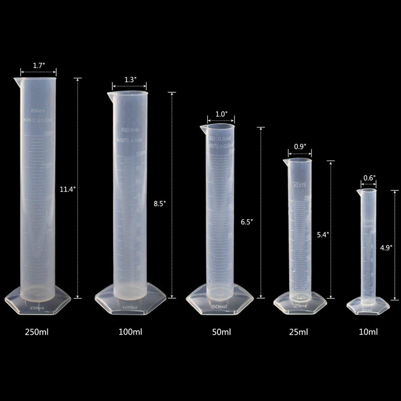 5 шт прозрачный пластиковый градуированный цилиндр, 10,25, 50100250 мл, с 2 пластиковыми Beakers и 1 цилиндрическая щетка
