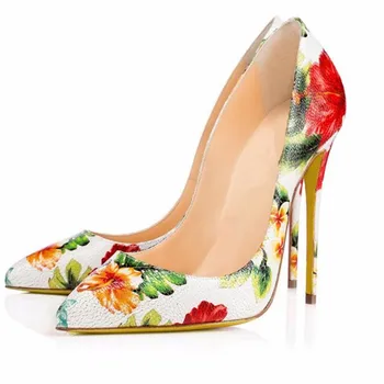 

Top Quality Colorful Floral Printed Women Party Wedding Shoes 12cm Stiletto Sexy High Heels Slip On Pointed Toe Pumps
