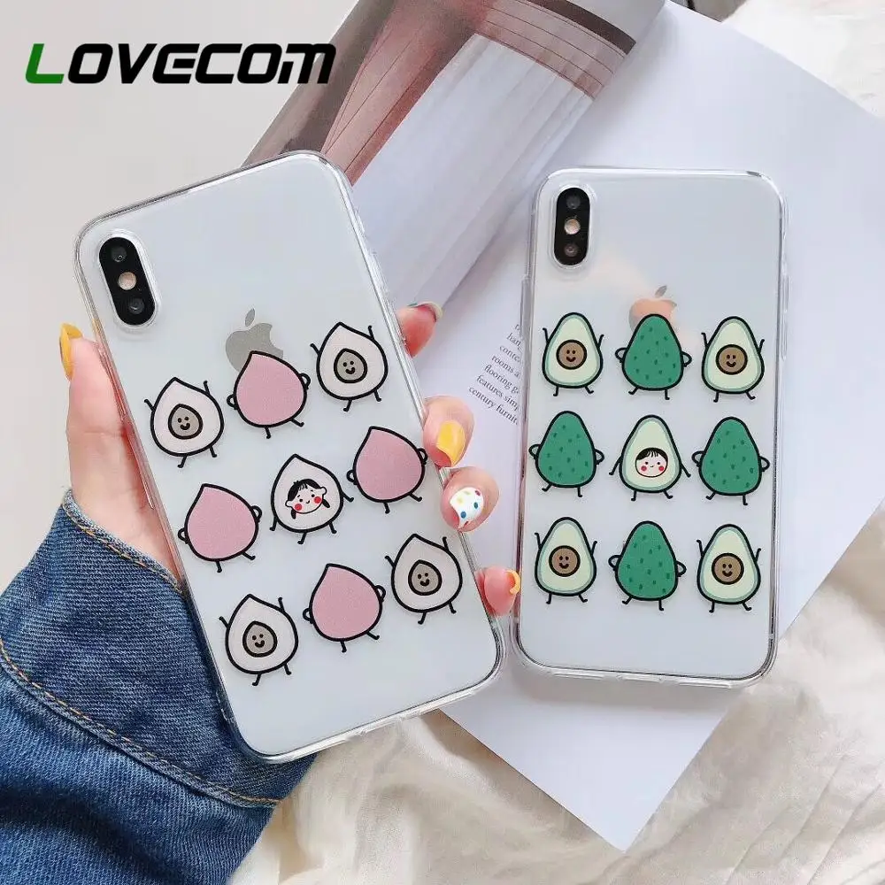 

LOVECOM Cute Cartoon Fruit Peach Avocado Transparent Case For iPhone X XS XR XS Max 6S 7 8 Plus Soft TPU Screen Protector Cover