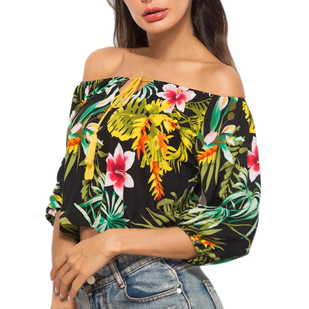 Womens Tops And Blouses Boho Chic Crop Top Women Blouses Tunic Chiffon Print Off Shoulder Top Puff Sleeve Summer Blouse blusas