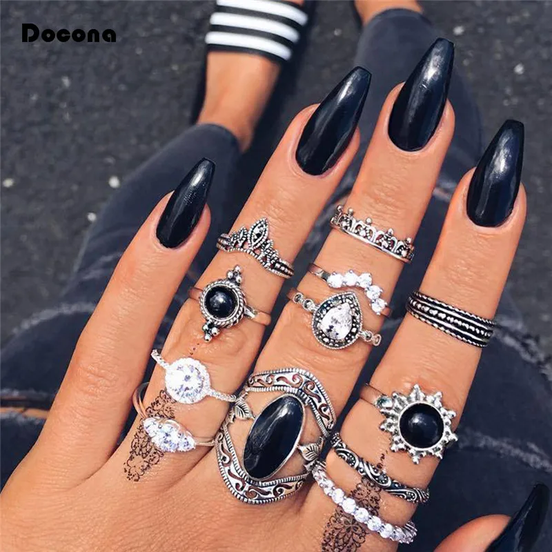 

Docona 12pcs/sets Bohemia Vintage Silver Finger Rings Sets Sun Crwon Clear Crystal Hollow Geometric Jewelry For Women Men 7012