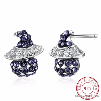 

Real 925 Sterling Silver Cute Small Magic Witch Hat Crystal Stud Earrings for Women Silver Halloween Jewelry