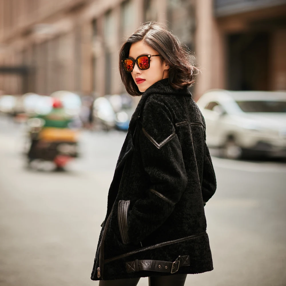 De Pardessus Taille Fourrure Veste Véritable Femelle 2018 Streetwear black Manteau La D'hiver Navy Blue Plus Manteaux Femmes Zipper Naturelle Laine Nouvelles Mouton S7zwUqE