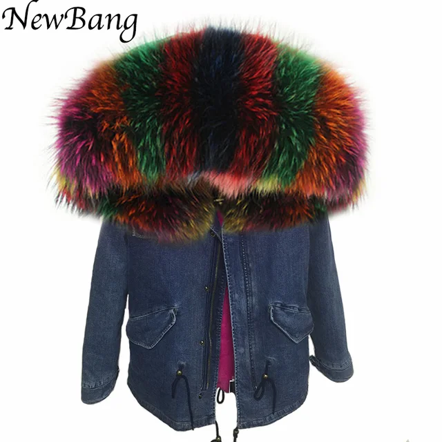 Cheap Denim Parka With Real Fur Hood Large Raccoon Fur Collar Women's Winter Jacket Detachable Lining