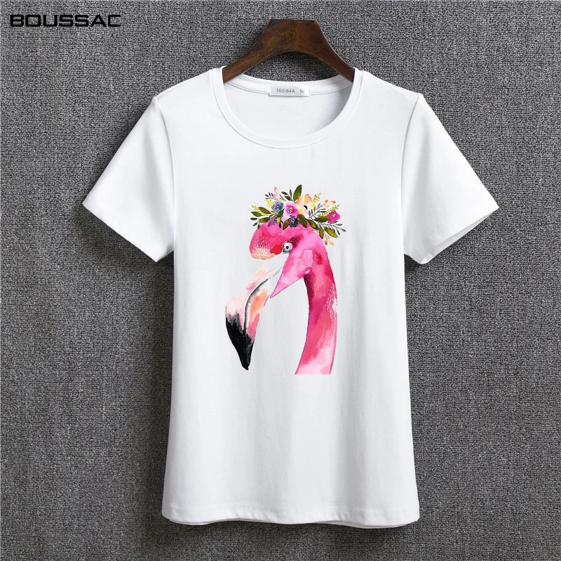 

2019 New Flamingo Print T Shirt Women T-shirts O Neck Short Sleeve Cotton Tshirt Harajuku Summer Tops Casual Tee Shirt Femme