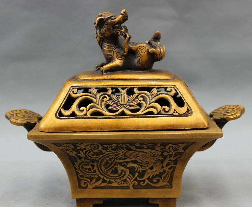 

8" Tibet Bronze FengShui Folk Dragon Phoenix Statue Box Incense Burner Censer