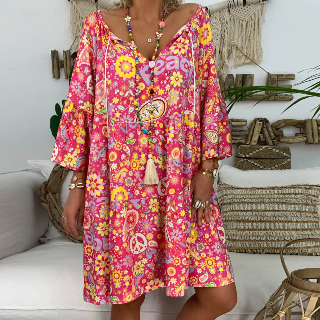 

Women's Summer Loose Dress Floral Print Three Quarter Sleeve Party Mini Dresses Summer Dress 2019 vestidos de verano NEW