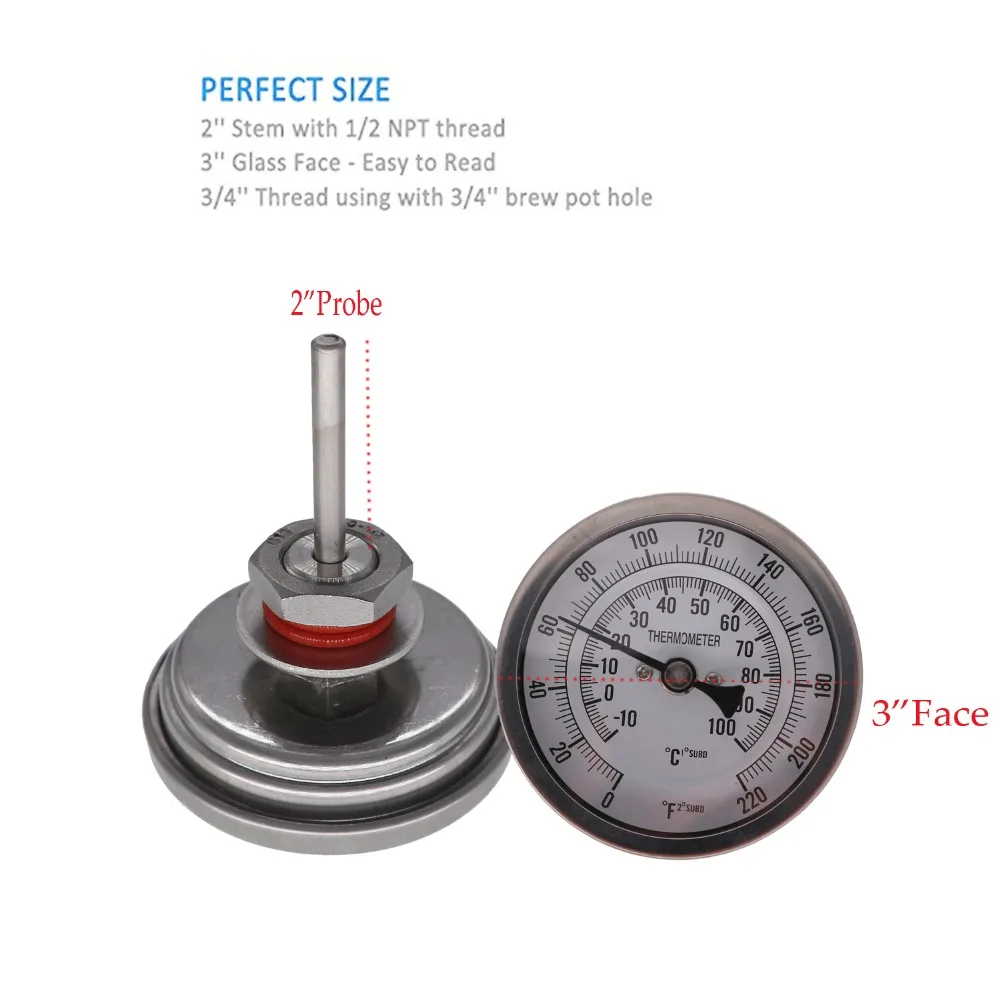 

Weldless Bi-metal Thermometer Kit, 3"Face & 2"Probe, 1/2"MNPT, 0~220F degree, Beer Brewing Thermometer, Homebrew Kettle